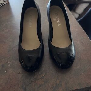 CHANEL Black Leather & patent toe wedges - sz 9 - Excellent Condition!!